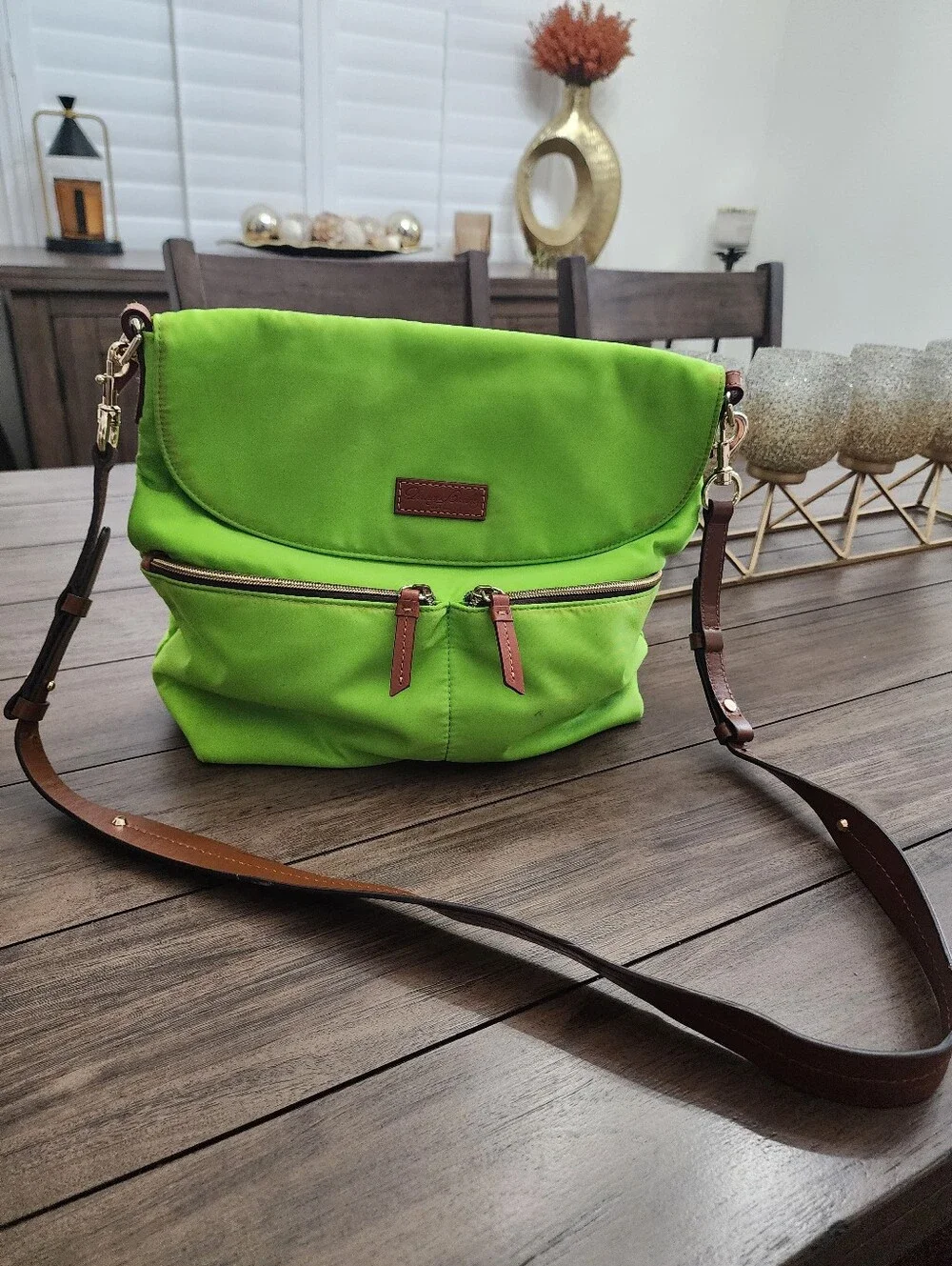 Dooney & Bourke Lime Green Nylon Tote W Leather Zipper Pulls